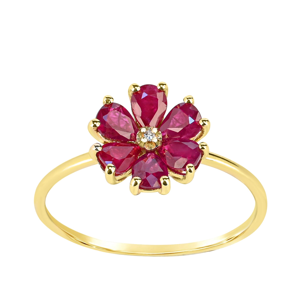 Pear Ruby & Diamond Accent Flower Ring in 10K Yellow Gold