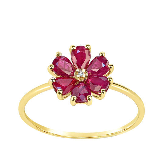 Pear Ruby & Diamond Accent Flower Ring in 10K Yellow Gold