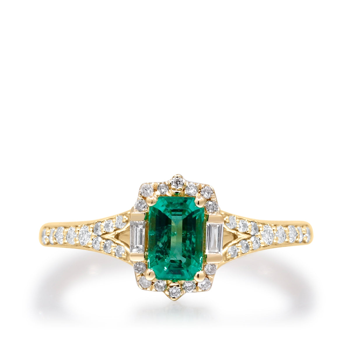 Emerald Cut Emerald & 1/5 ct. tw. Round & Baguette Diamond Halo Split Shank Ring in 14K Yellow Gold front view