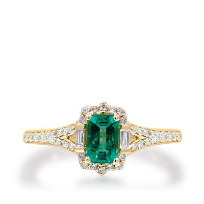 Emerald Cut Emerald & 1/5 ct. tw. Round & Baguette Diamond Halo Split Shank Ring in 14K Yellow Gold front view