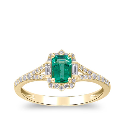 Emerald Cut Emerald & 1/5 ct. tw. Round & Baguette Diamond Halo Split Shank Ring in 14K Yellow Gold