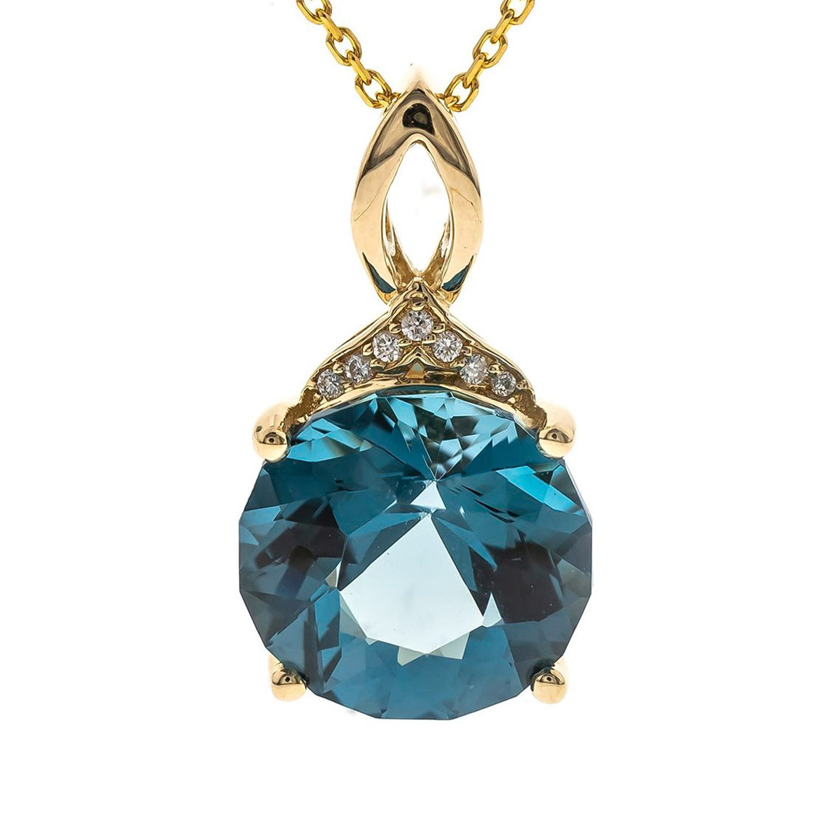 Round London Blue Topaz & Diamond Accent Pendant in 14K Yellow Gold front view