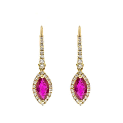 Marquise Ruby & 1/3 ct. tw. Diamond Halo Drop Earrings in 14K Yellow Gold front view