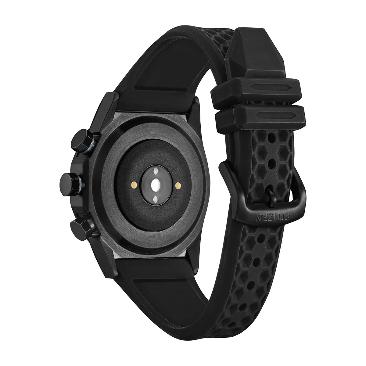 Citizen Hybrid Smartwatch with Black Dial & Black Silicone Strap close-up detail