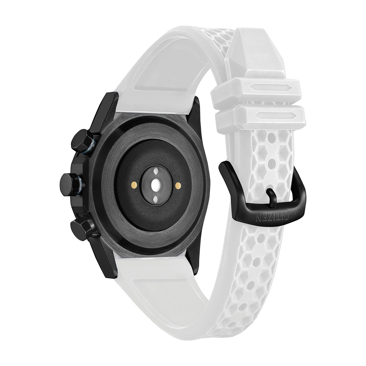 Citizen Hybrid Smartwatch with Black Dial & White Silicone Strap close-up detail