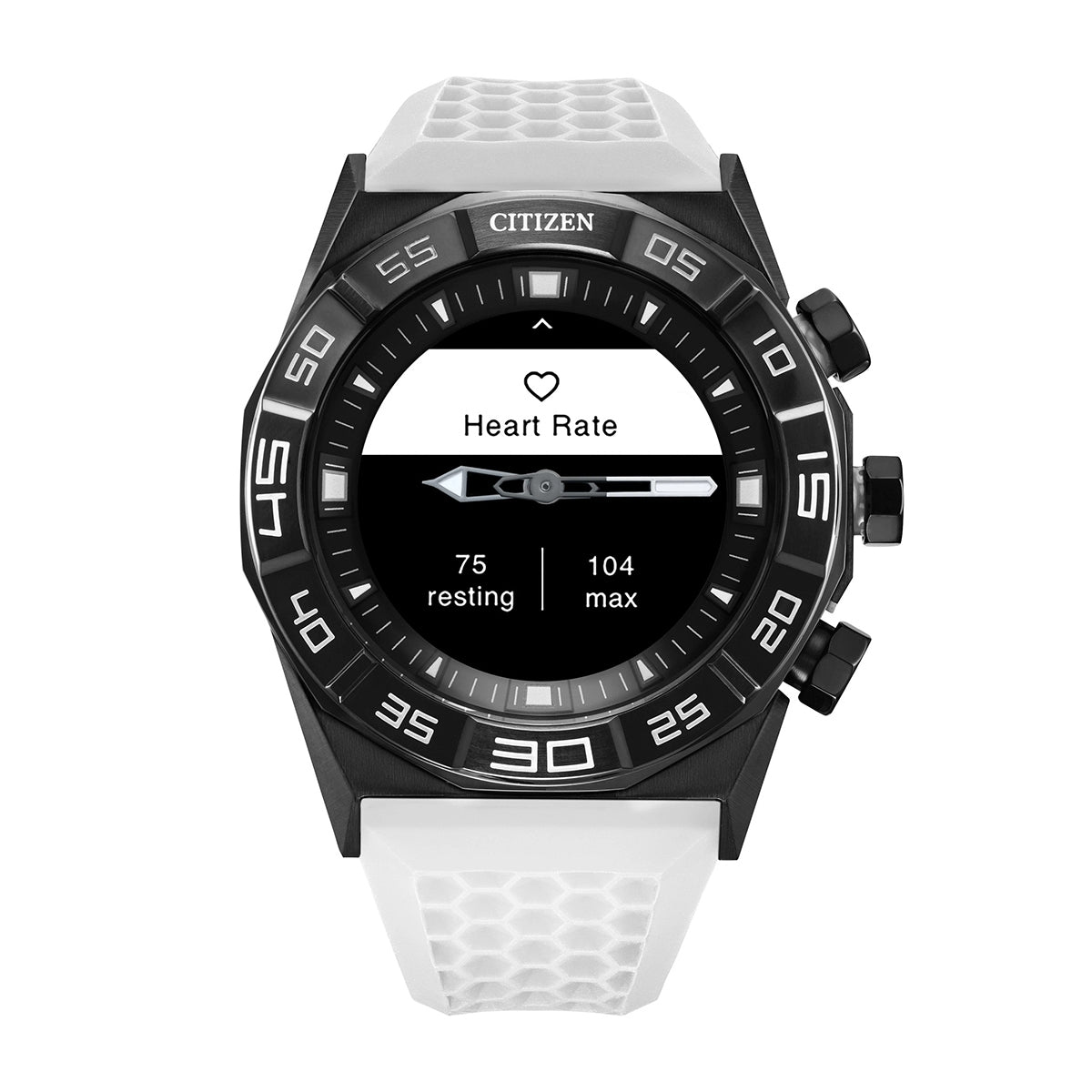 Citizen Hybrid Smartwatch with Black Dial & White Silicone Strap side profile