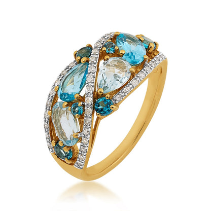 Multi-Shape Blue Topaz & 1/7 ct. tw. Diamond Ring in 10K Yellow Gold front view