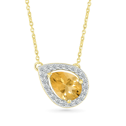 Pear Citrine & 1/10 ct. tw. Diamond Halo Necklace in 10K Yellow Gold