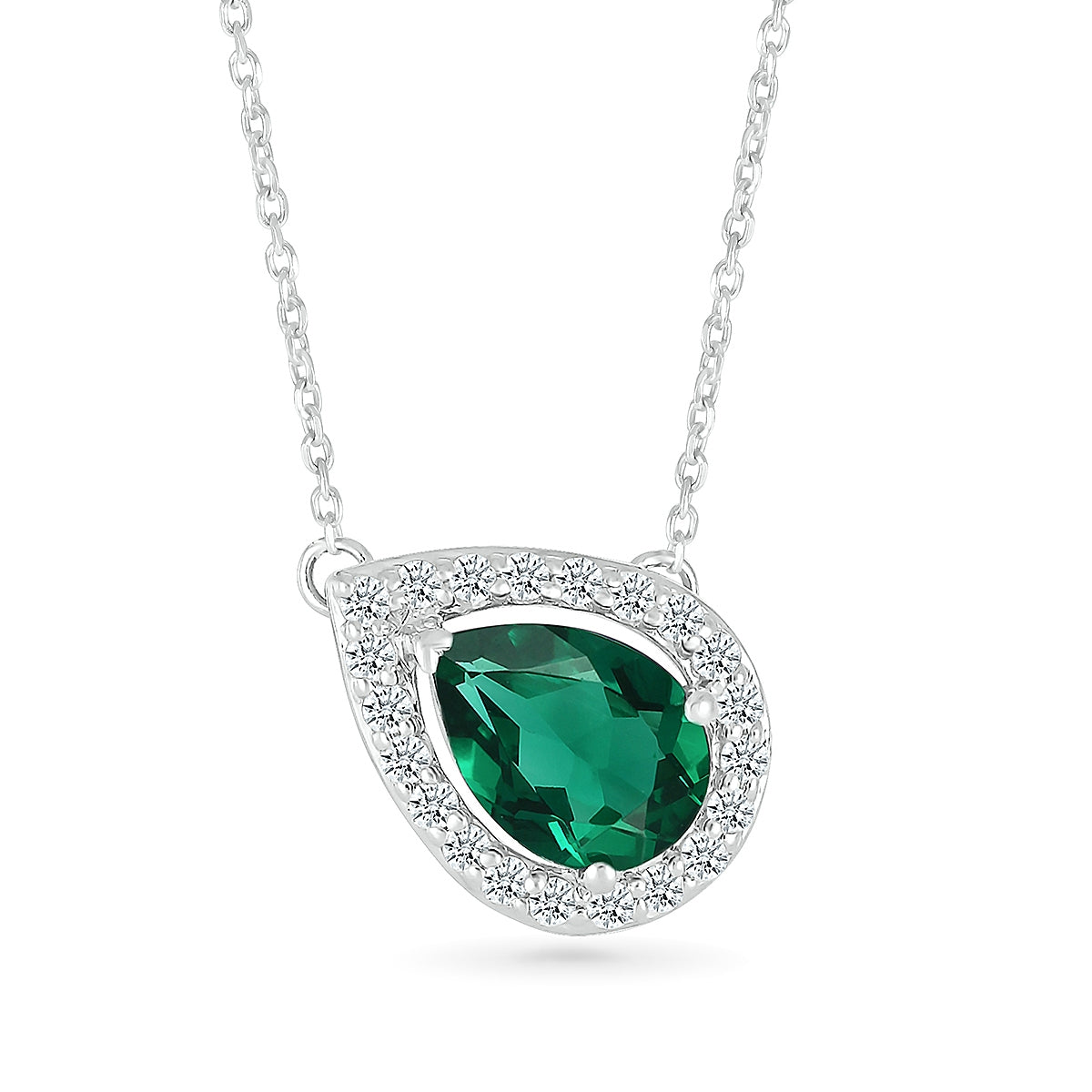 Created Pear Emerald & 1/10 ct. tw. Diamond Halo Necklace in 10K White Gold