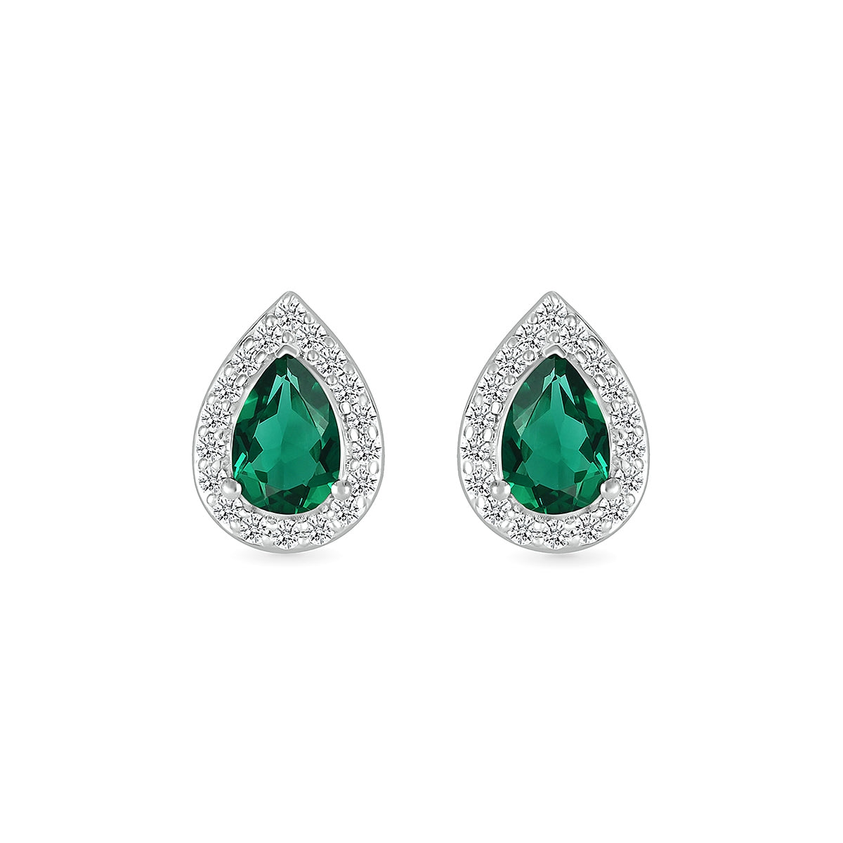 Created Pear Emerald & 1/6 ct. tw. Diamond Halo Earrings in 10K White Gold front view