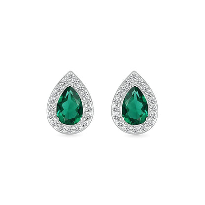 Created Pear Emerald & 1/6 ct. tw. Diamond Halo Earrings in 10K White Gold front view