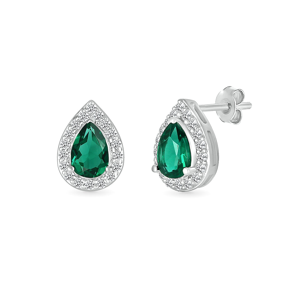Created Pear Emerald & 1/6 ct. tw. Diamond Halo Earrings in 10K White Gold
