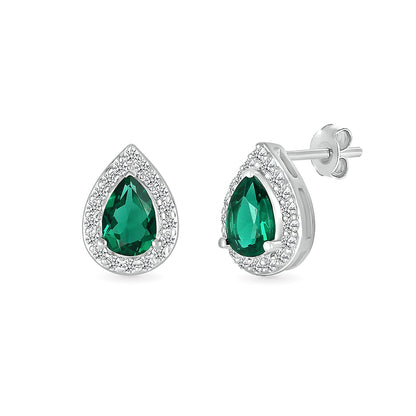 Created Pear Emerald & 1/6 ct. tw. Diamond Halo Earrings in 10K White Gold