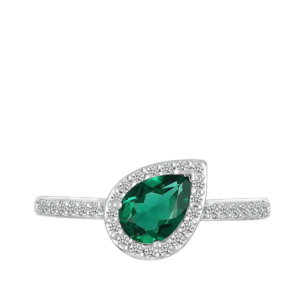 Created Pear Emerald & 1/5 ct. tw. Diamond Halo Ring in 10K White Gold front view