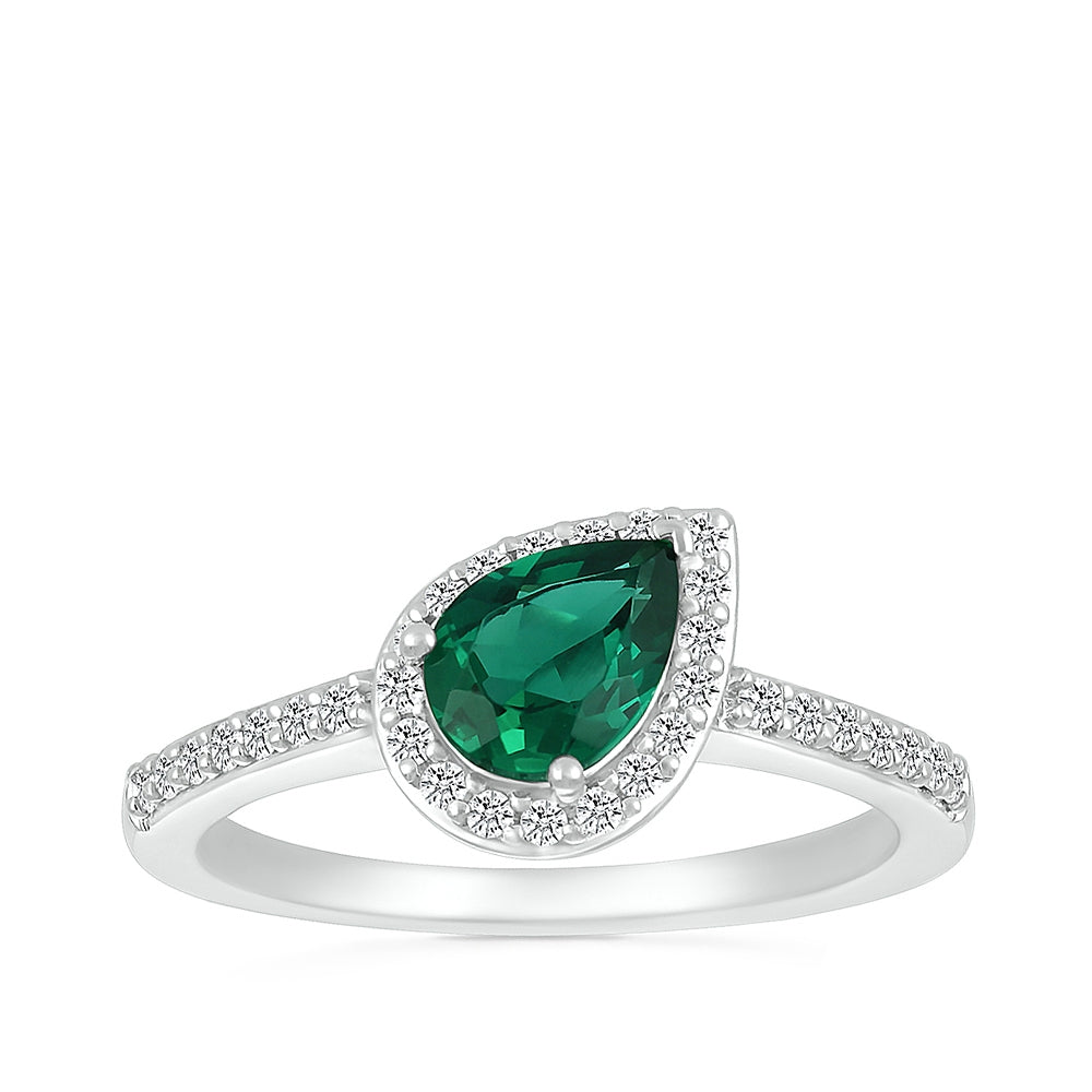 Created Pear Emerald & 1/5 ct. tw. Diamond Halo Ring in 10K White Gold