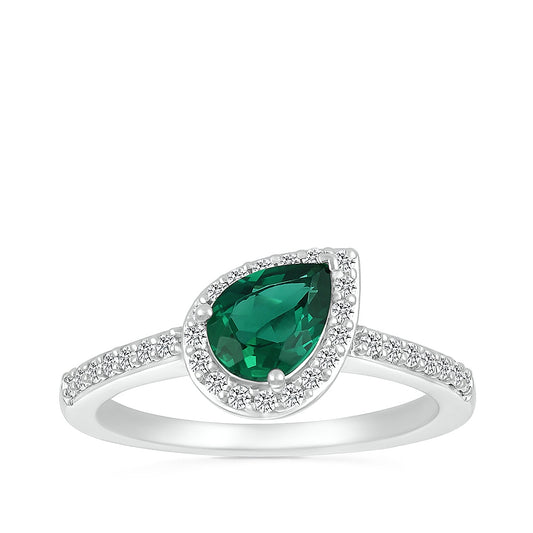 Created Pear Emerald & 1/5 ct. tw. Diamond Halo Ring in 10K White Gold