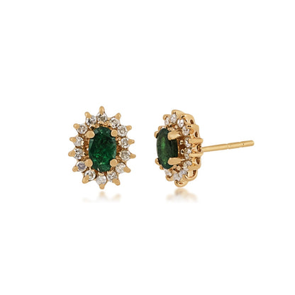 Oval Emerald & 1/5 ct. tw. Diamond Halo Earrings in 14K Yellow Gold