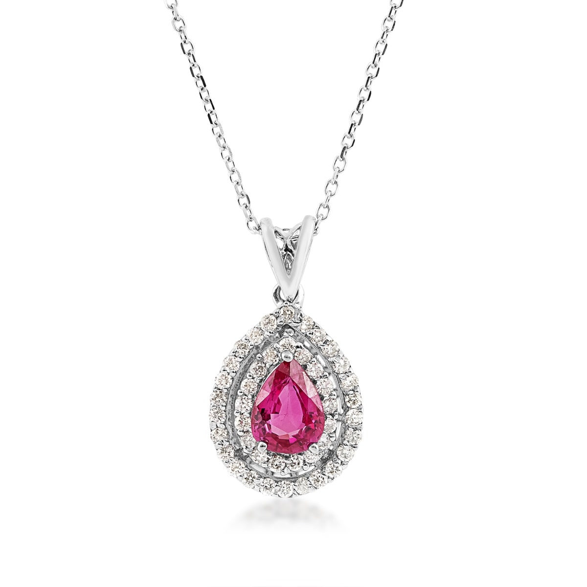 Pear Ruby & 1/4 ct. tw. Diamond Double Halo Pendant in 14K White Gold