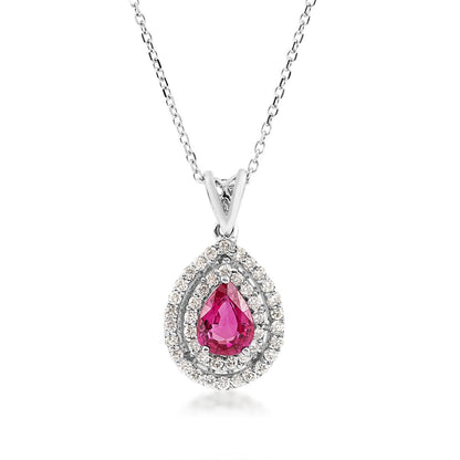 Pear Ruby & 1/4 ct. tw. Diamond Double Halo Pendant in 14K White Gold