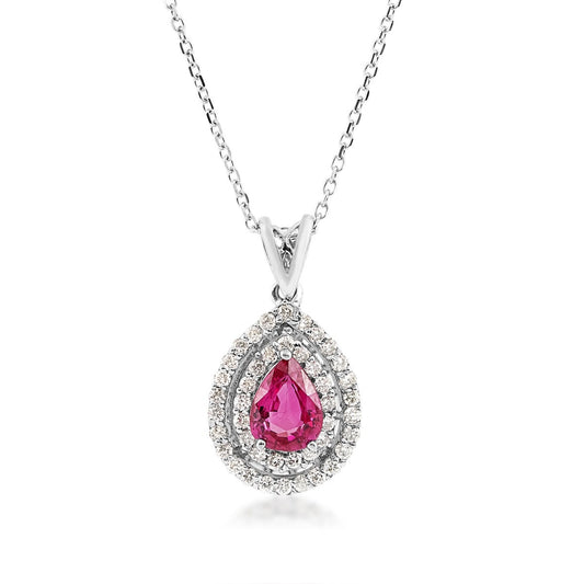 Pear Ruby & 1/4 ct. tw. Diamond Double Halo Pendant in 14K White Gold