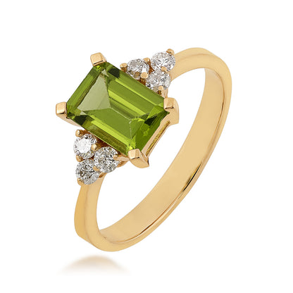 Emerald Cut Peridot & 1/5 ct. tw. Diamond Ring in 14K Yellow Gold front view