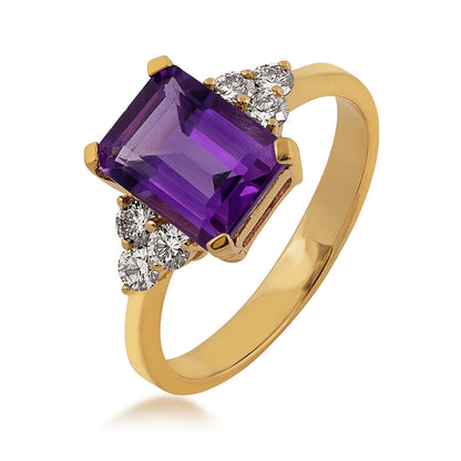 Emerald Cut Amethyst & 1/3 ct. tw. Diamond Ring in 14K Yellow Gold front view