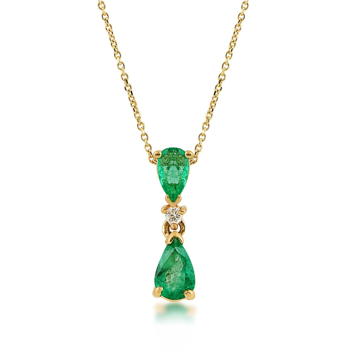 2-Stone Pear Emerald & Diamond Accent Pendant in 14K Yellow Gold