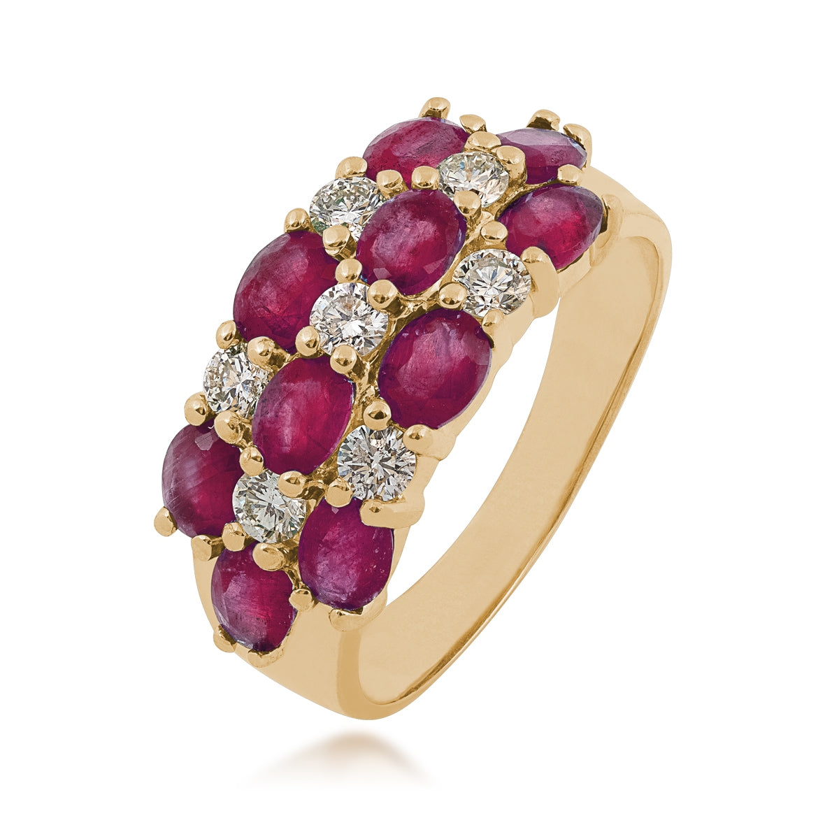 Oval Ruby & 1/2 ct. tw. Diamond Multirow Ring in 14K Yellow Gold front view
