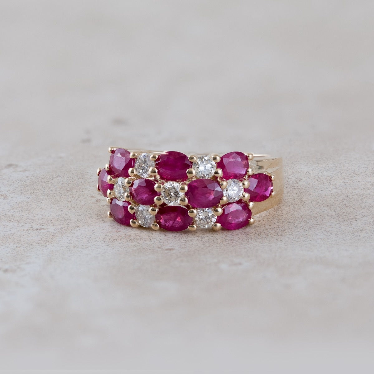Oval Ruby & 1/2 ct. tw. Diamond Multirow Ring in 14K Yellow Gold close-up detail