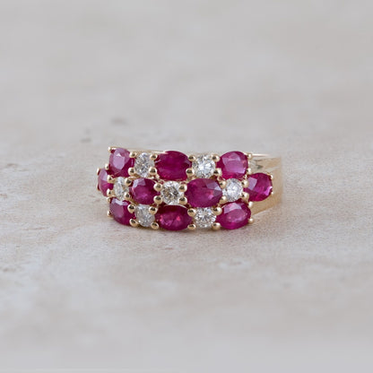 Oval Ruby & 1/2 ct. tw. Diamond Multirow Ring in 14K Yellow Gold close-up detail