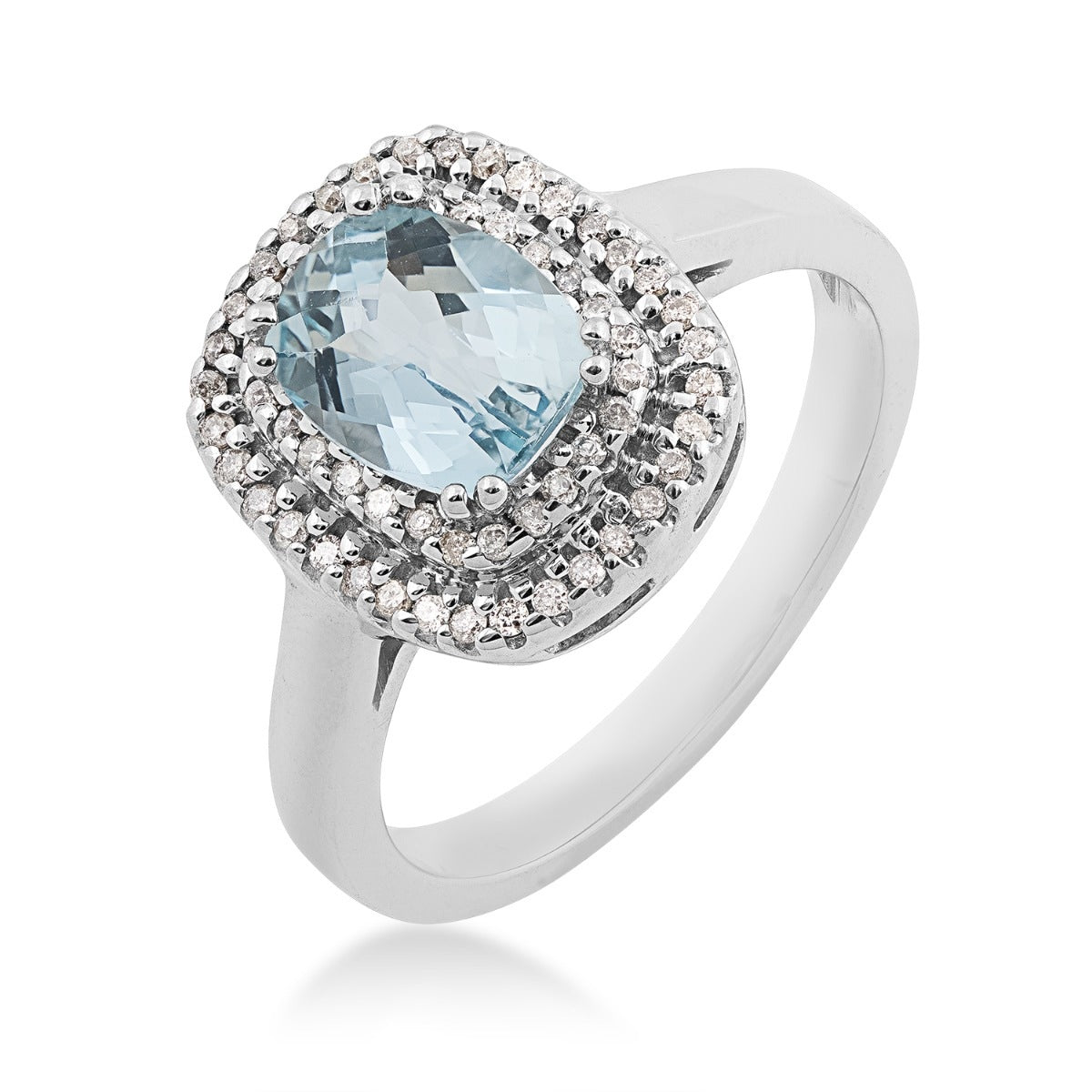 Cushion Aquamarine & 1/5 ct. tw. Diamond Double Halo Ring in 14K White Gold front view