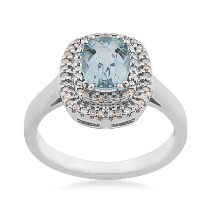 Cushion Aquamarine & 1/5 ct. tw. Diamond Double Halo Ring in 14K White Gold