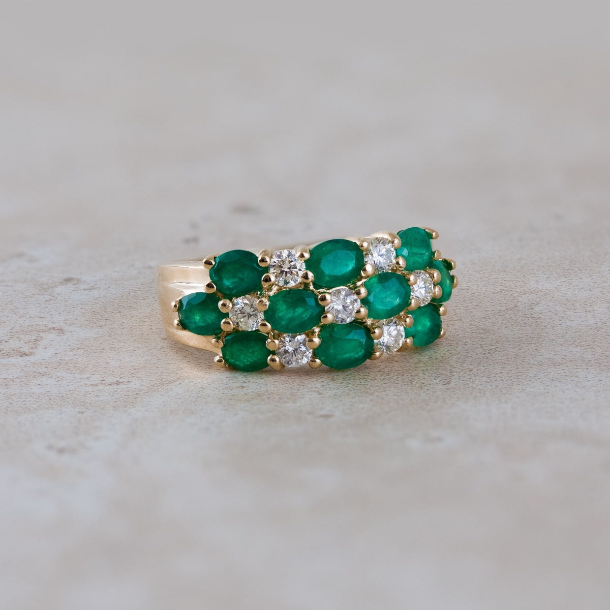 Oval Emerald & 1/2 ct. tw. Diamond Multirow Ring in 14K Yellow Gold close-up detail