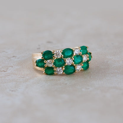 Oval Emerald & 1/2 ct. tw. Diamond Multirow Ring in 14K Yellow Gold close-up detail