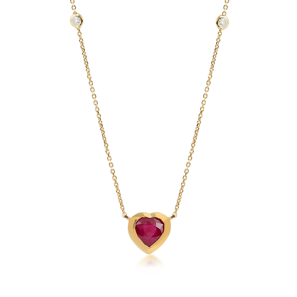 Heart Ruby & Bezel Set Diamond Accent Necklace in 14K Yellow Gold