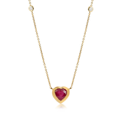Heart Ruby & Bezel Set Diamond Accent Necklace in 14K Yellow Gold