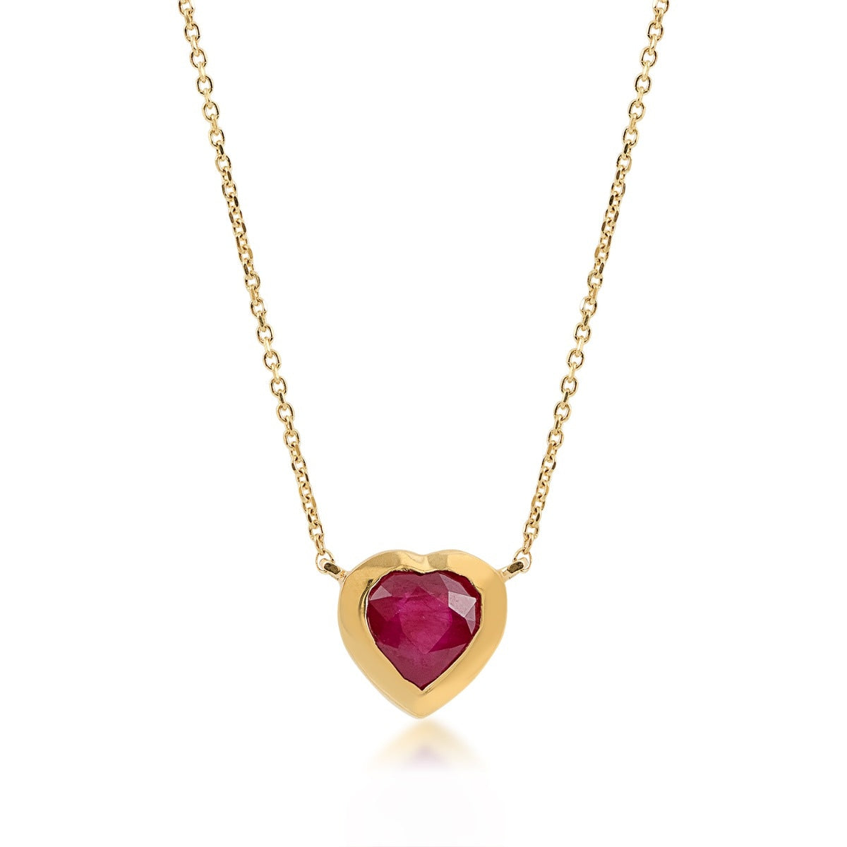 Heart Ruby & Bezel Set Diamond Accent Necklace in 14K Yellow Gold front view