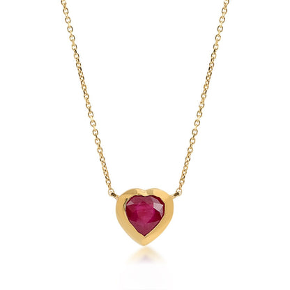 Heart Ruby & Bezel Set Diamond Accent Necklace in 14K Yellow Gold front view