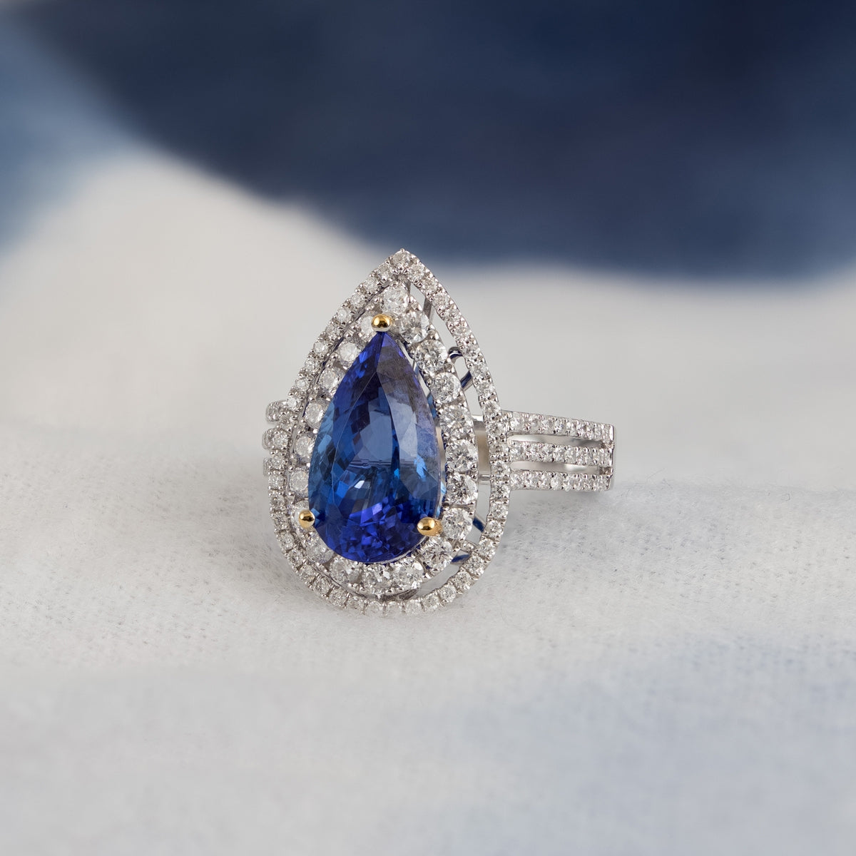 Pear Tanzanite & 2-1/5 ct. tw. Diamond Double Halo Ring in 14K White Gold close-up detail