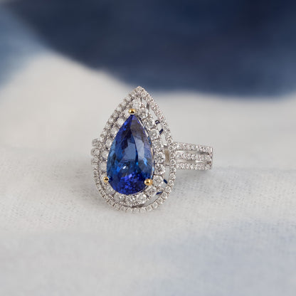 Pear Tanzanite & 2-1/5 ct. tw. Diamond Double Halo Ring in 14K White Gold close-up detail