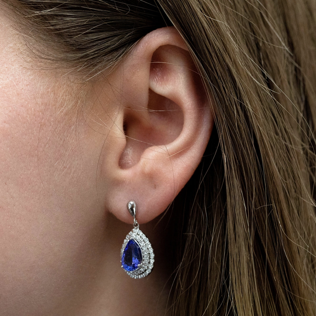Pear Tanzanite & 7/8 ct. tw. Diamond Double Halo Drop Earrings in 14K White Gold front view