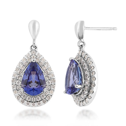 Pear Tanzanite & 7/8 ct. tw. Diamond Double Halo Drop Earrings in 14K White Gold