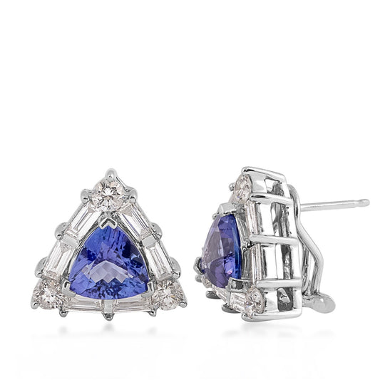 Trillion Tanzanite & 1-1/2 ct. tw. Round & Baguette Diamond Halo Earrings in 14K White Gold