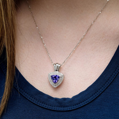 Trillion Tanzanite & 5/8 ct. tw. Diamond Double Halo Pendant in 14K White Gold front view