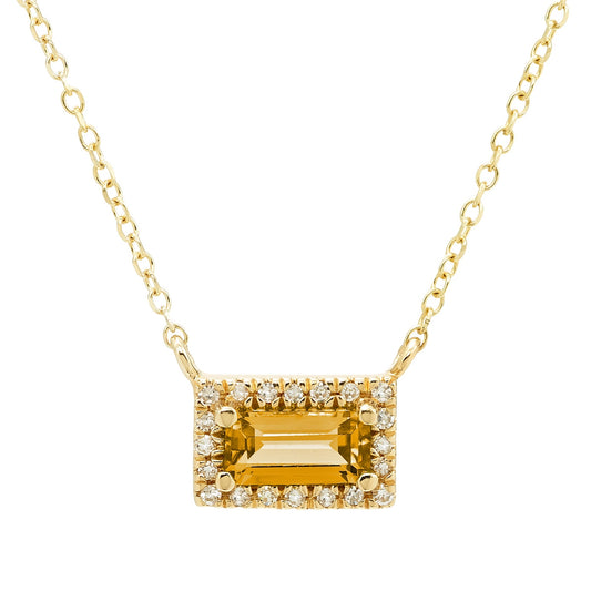 Emerald Cut Citrine & Diamond Halo Necklace in 10K Yellow Gold