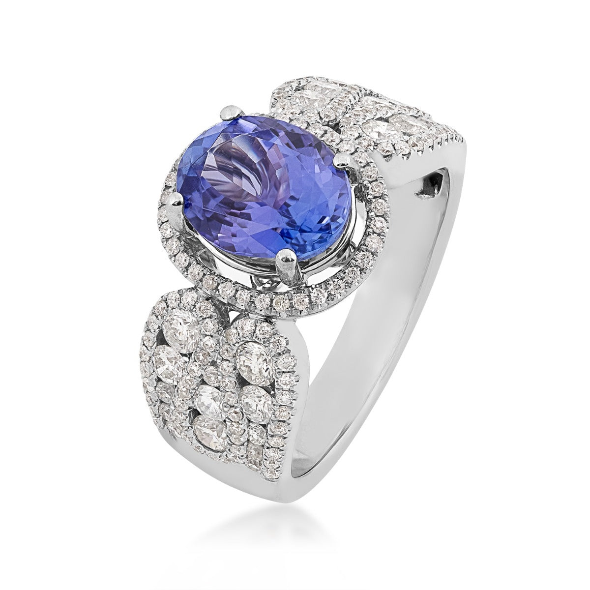 Oval Tanzanite & 1 ct. tw. Diamond Halo Ring in 14K White Gold front view
