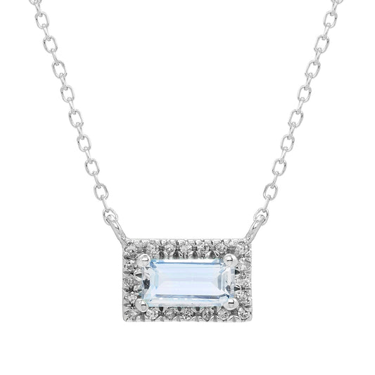 Emerald Cut Aquamarine & Diamond Halo Necklace in 10K White Gold
