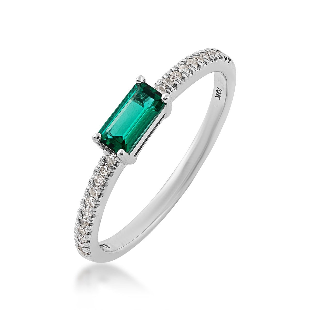 Created Emerald Cut Emerald & 1/10 ct. tw. Diamond Stackable Ring in 10K White Gold front view