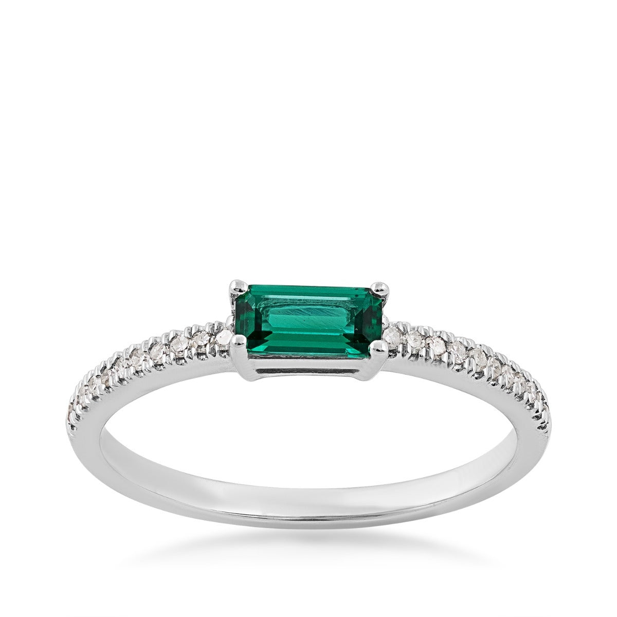 Created Emerald Cut Emerald & 1/10 ct. tw. Diamond Stackable Ring in 10K White Gold