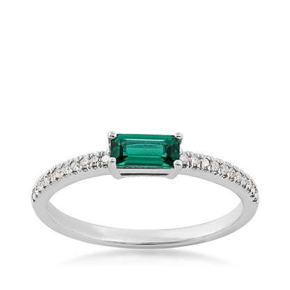 Created Emerald Cut Emerald & 1/10 ct. tw. Diamond Stackable Ring in 10K White Gold